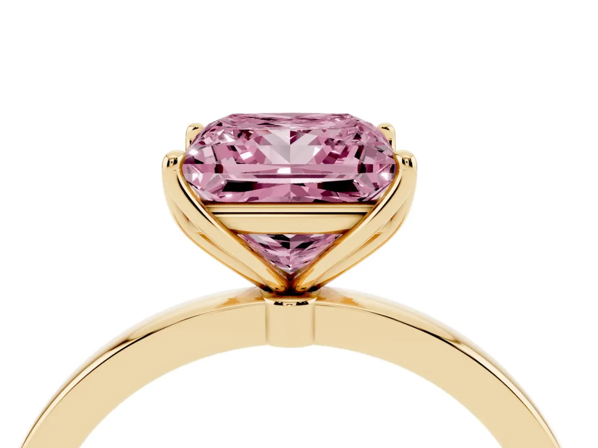 Fancy Pink Princess Cut Diamond Solitaire Ring with Thin Band and Prong Setting Yellow gold
