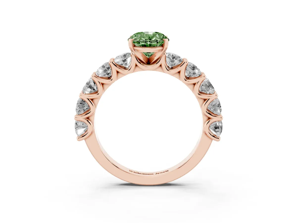 Fancy Green Oval Cut Diamond Prong Setting with Side Stones on a Pave Band Rose gold