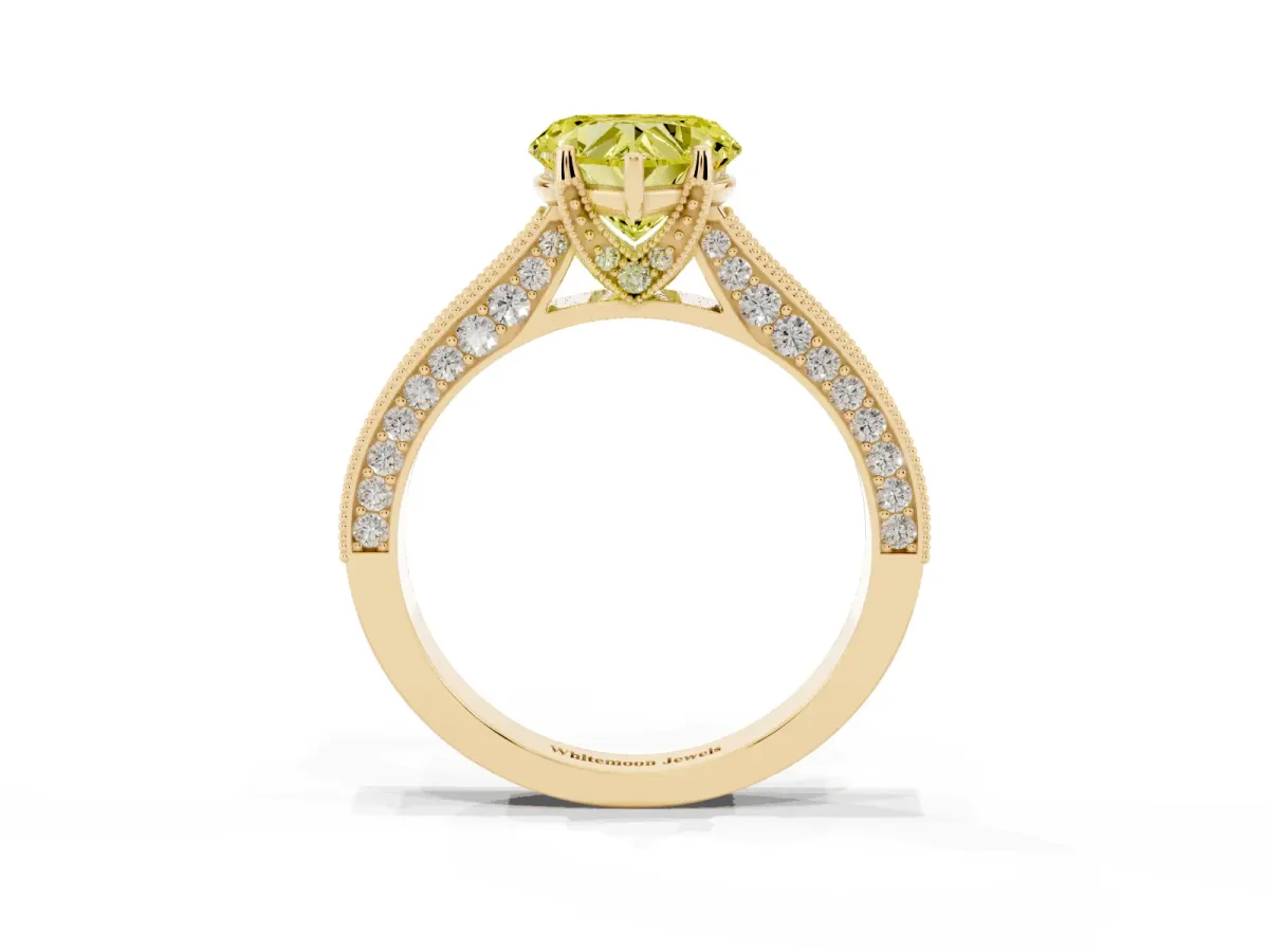 Fancy Yellow Heart Cut Cut Diamond Solitaire Ring with Milgrain Pave Band and Four Prong Setting Yellow gold