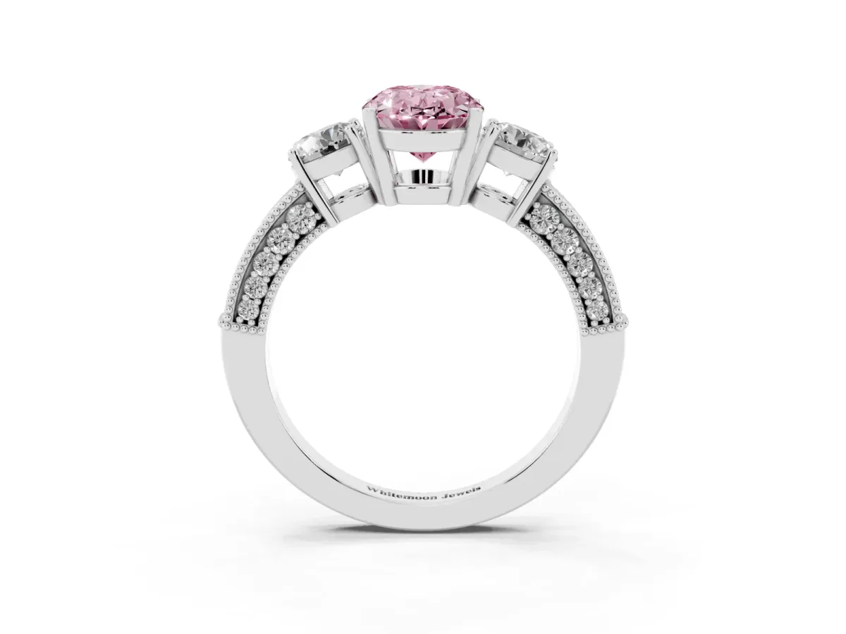 Fancy Pink Oval Cut Three-Stone Diamond Ring with Pavé Band and Four-Prong Setting Silver