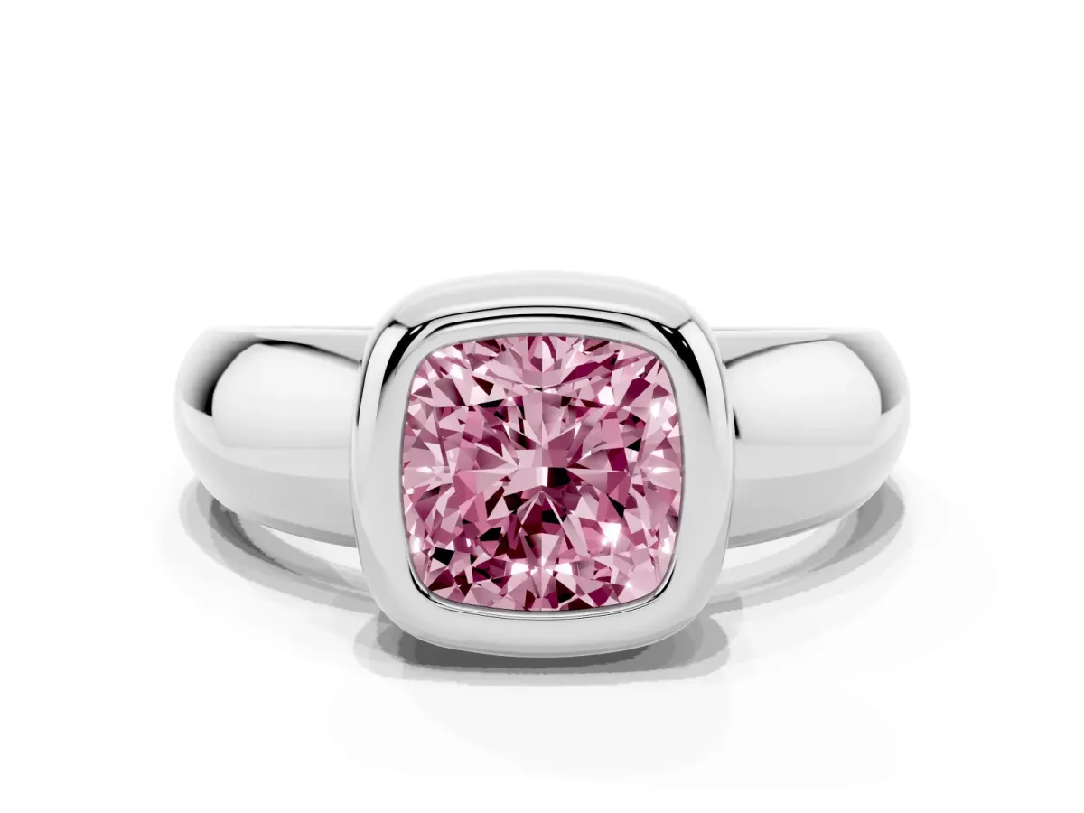 Fancy Pink Bezel Set Cushion Cut Solitaire Ring with Wide Band Silver