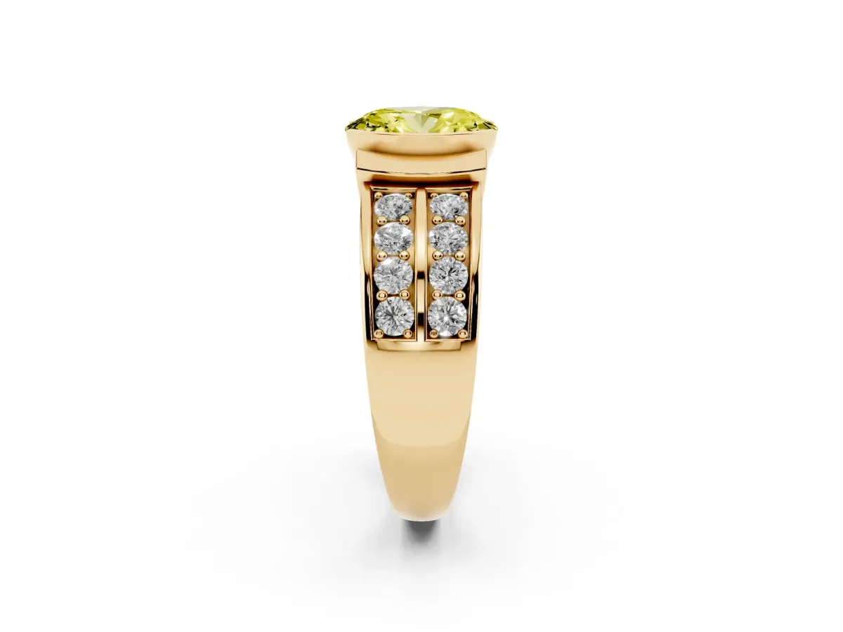 Fancy Yellow Oval Cut Brilliant Diamond Channel Set Wide Band Ring with Bezel Setting Yellow gold