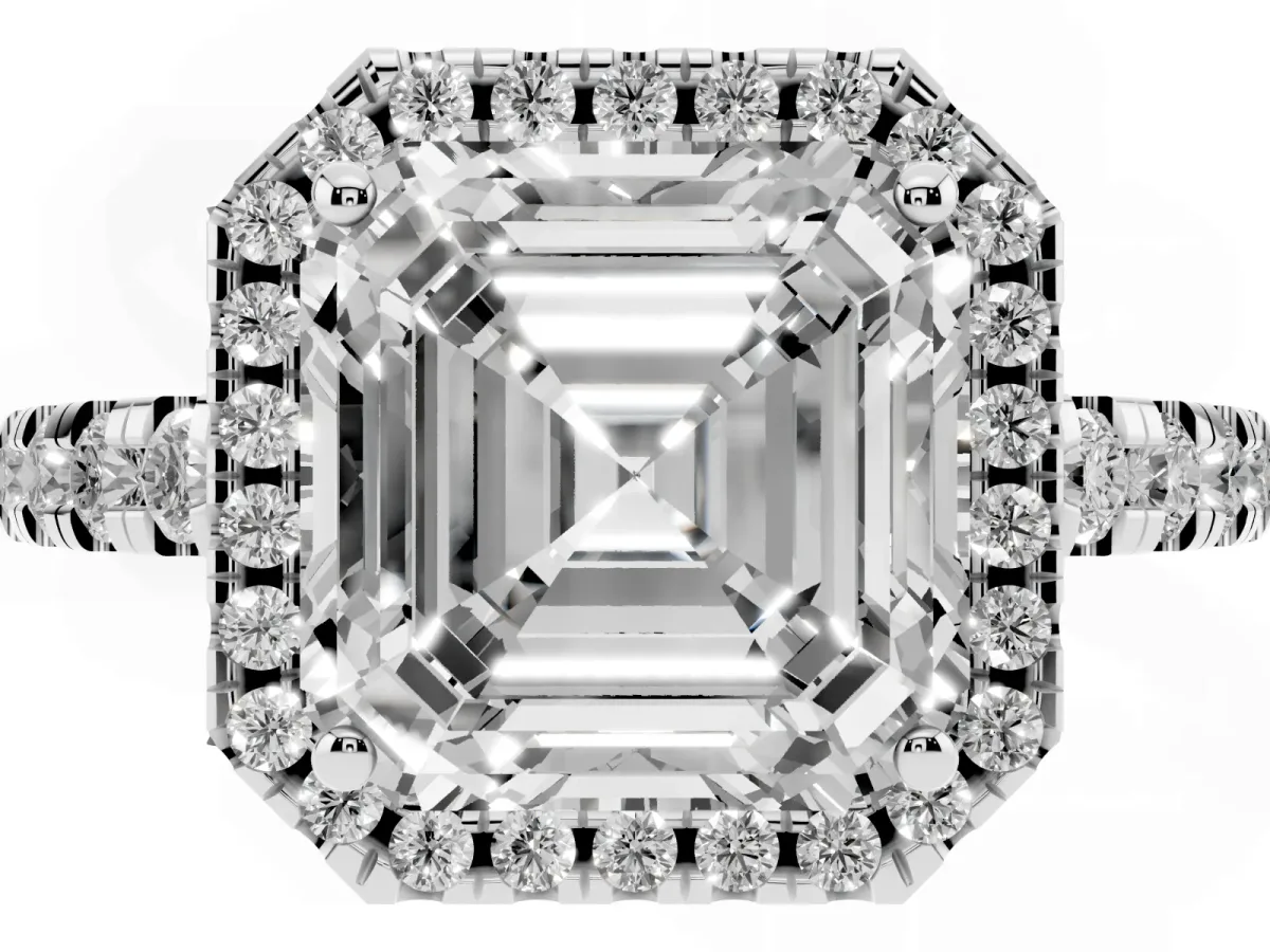 Asscher Cut Diamond Halo Ring with Pavé Band and Four-Prong Setting Silver