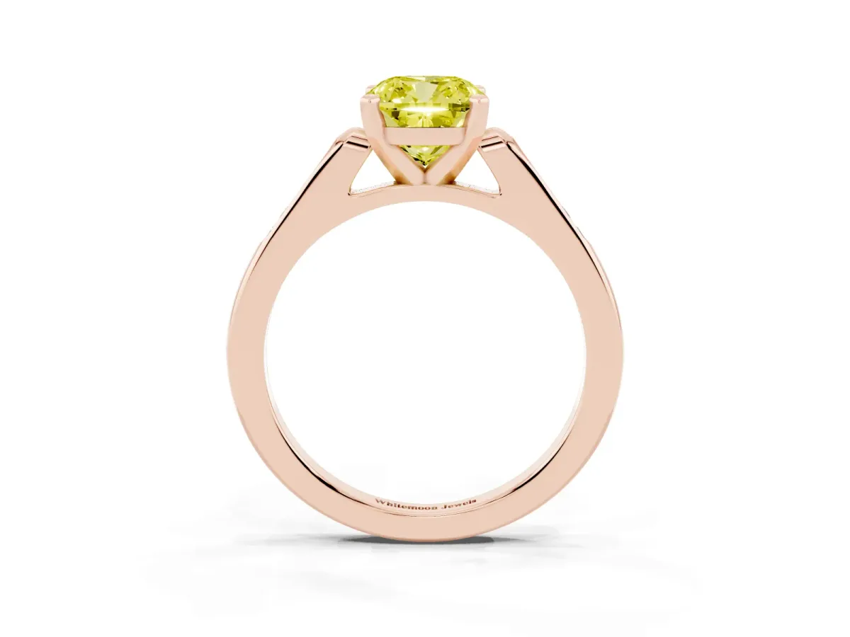 Fancy Yellow Cushion Cut Diamond Solitaire Ring with Channel Set Round Band and Prong Setting Rose gold