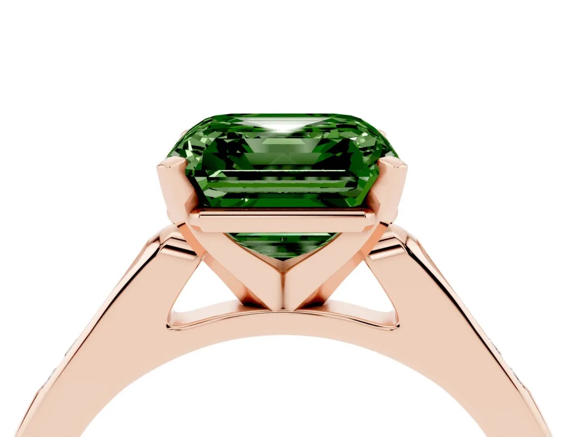Fancy Green Asscher Cut Diamond Solitaire Ring with Channel Set Round Band and Prong Setting Rose gold