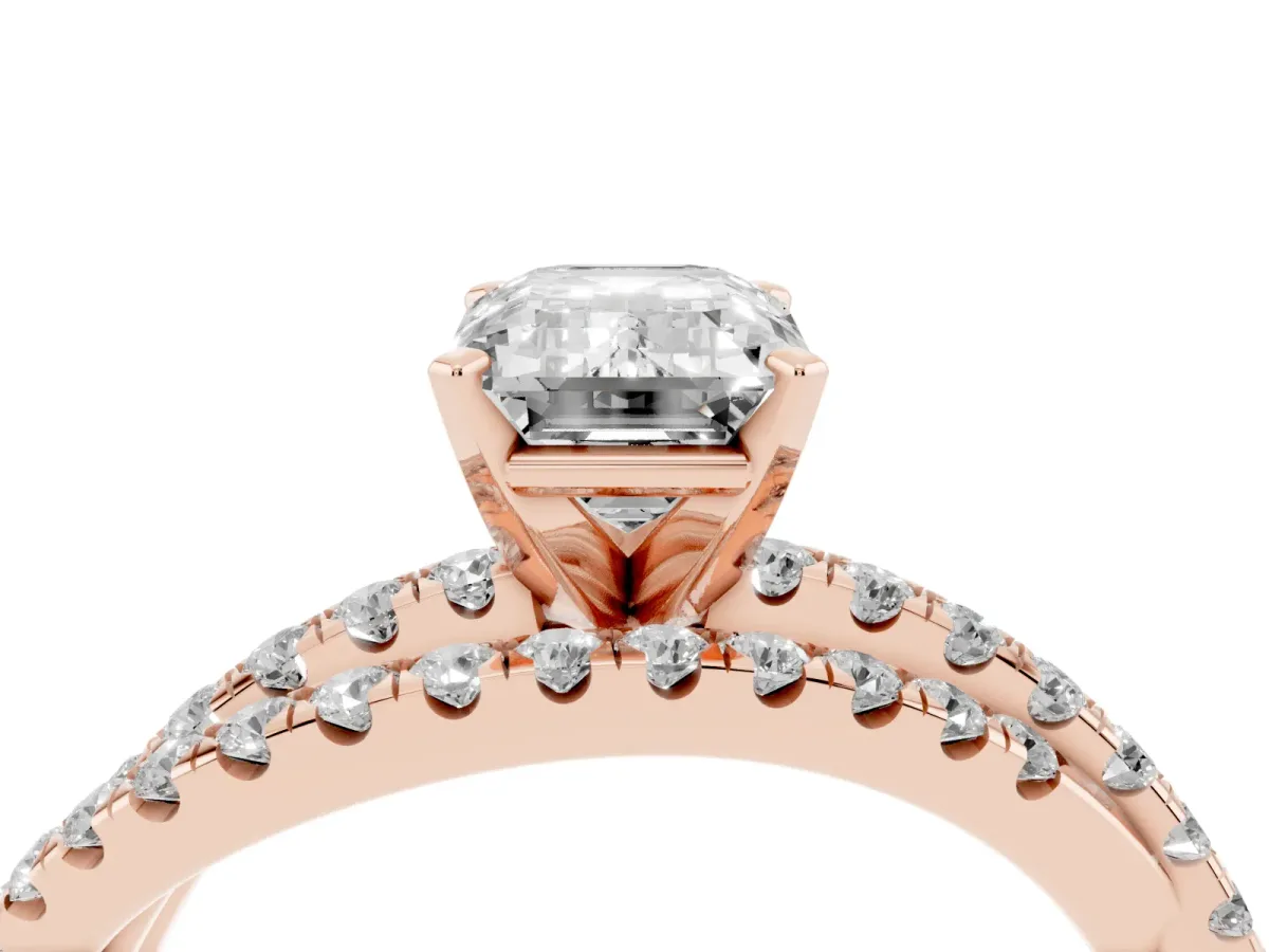 Emerald Cut Solitaire Twist Band with Pavé Setting and Four-Prong Setting Rose gold