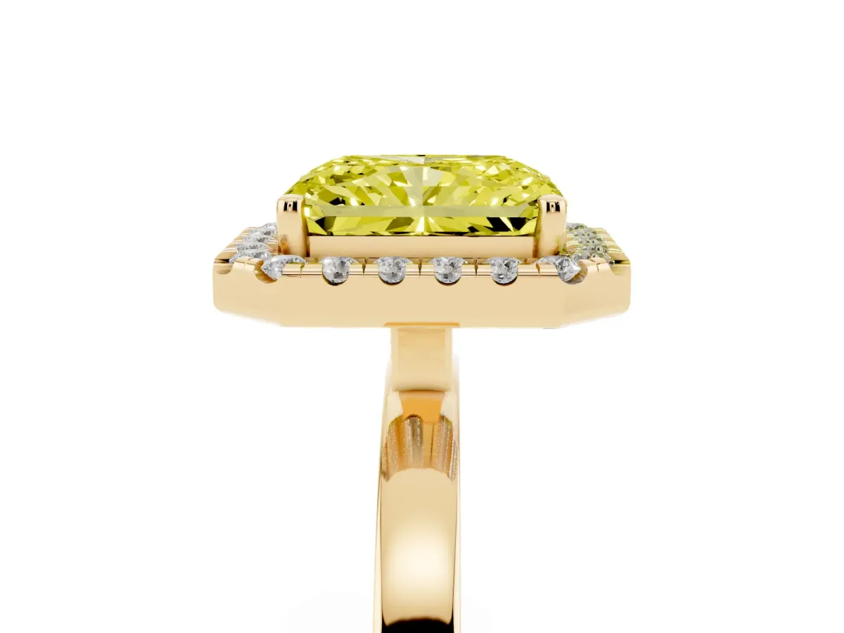Fancy Yellow Radiant Cut Halo Diamond Solitaire with Pavé Band and Four-Prong Setting Yellow gold