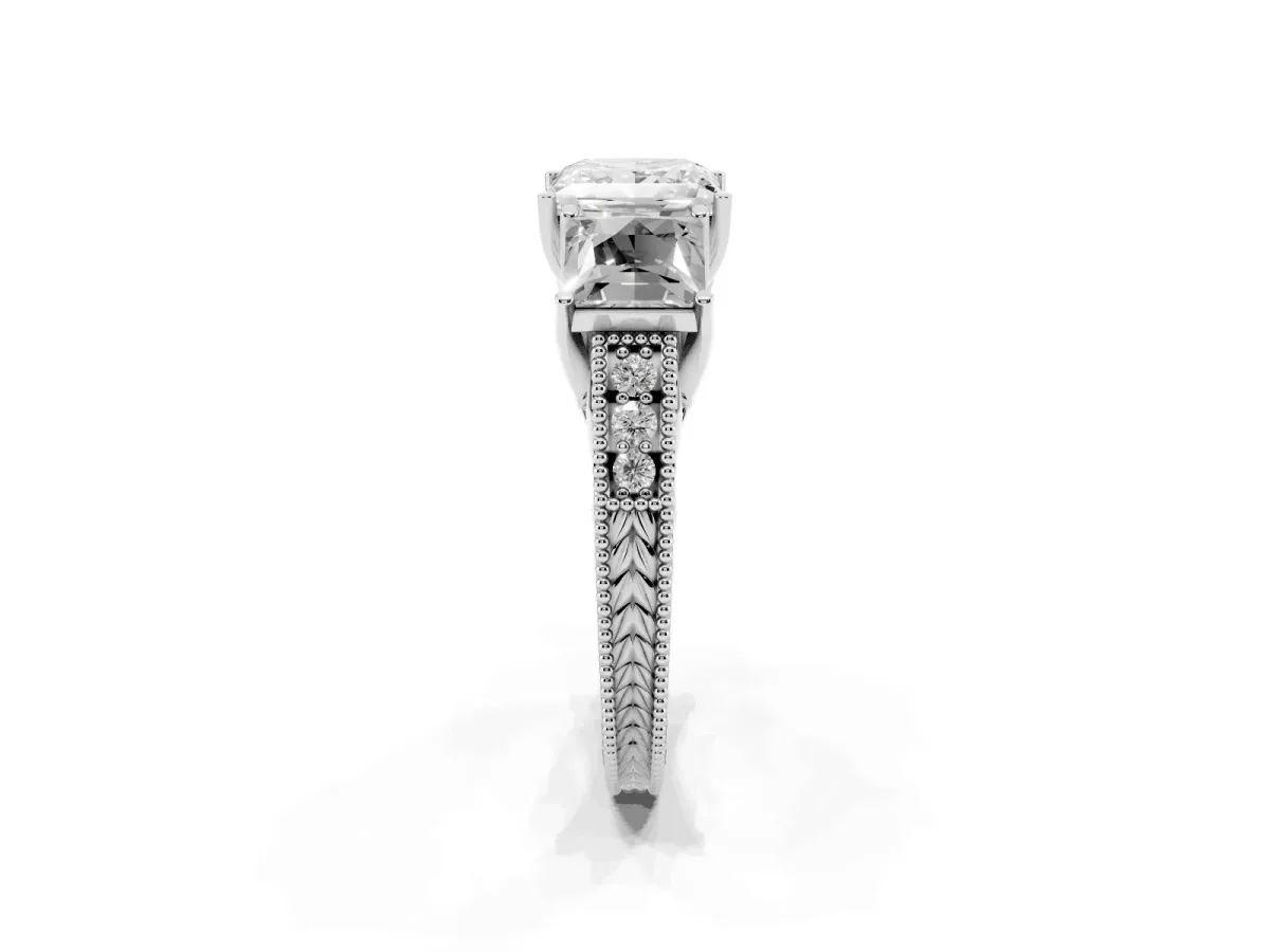 Three-Stone Princess Cut Cut Milgrain Pavé Engagement Ring Platinum