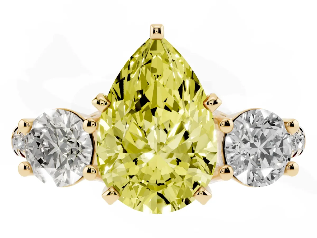 Fancy Yellow Three-Stone Pear Cut Diamond Pavé Band with Four-Prong Setting Yellow gold