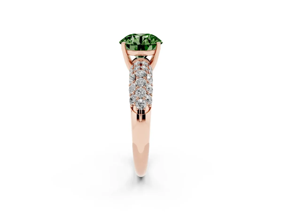 Fancy Green Round Cut Diamond Pavé Band Solitaire Ring with Four-Prong Setting Rose gold