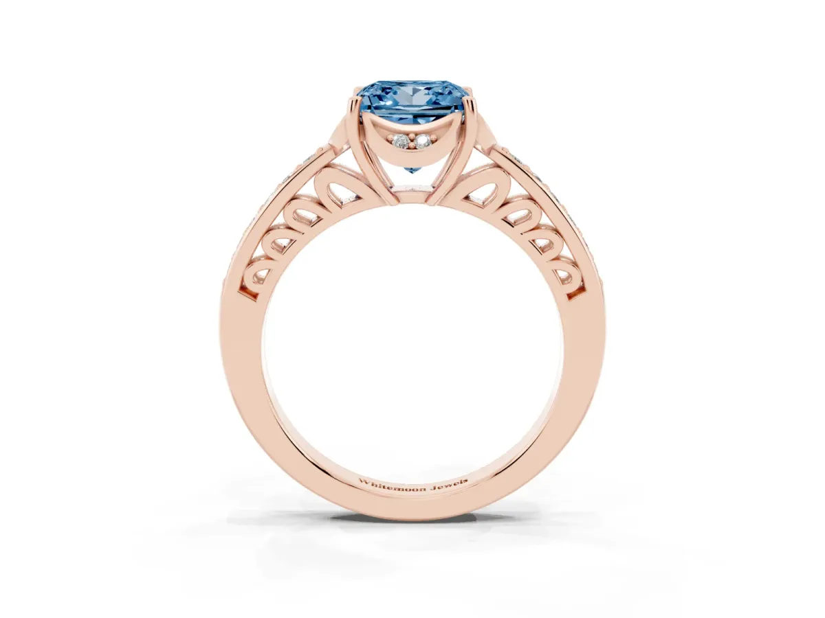 Fancy Blue Princess Cut Cut Halo Diamond Ring with Channel Set Band and Four-Prong Setting Rose gold