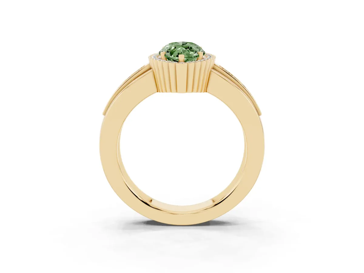 Fancy Green Marquise Cut Cut Halo Pave Band Four-Prong Ring Yellow gold