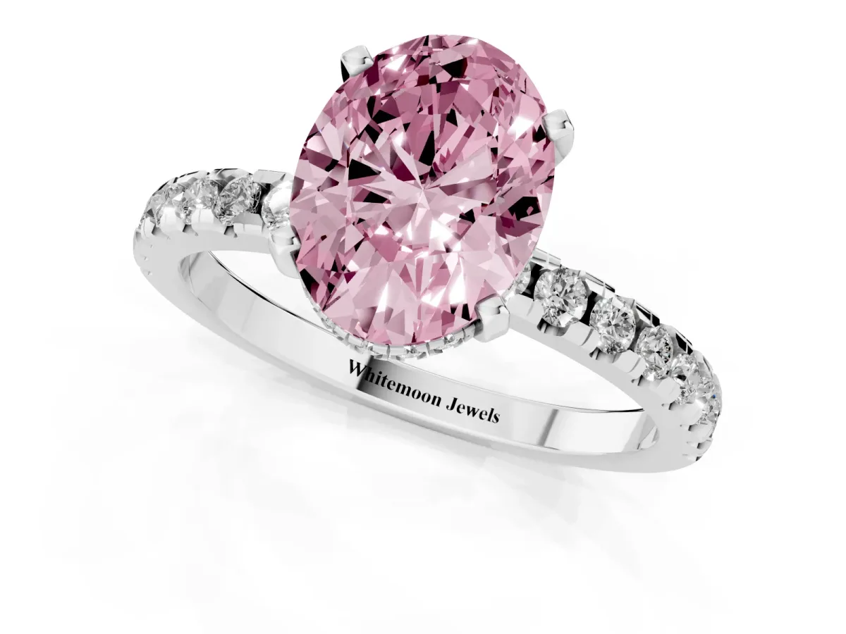 Fancy Pink Oval Cut Diamond Solitaire Ring with Round Pavé Band and Four-Prong Setting Silver
