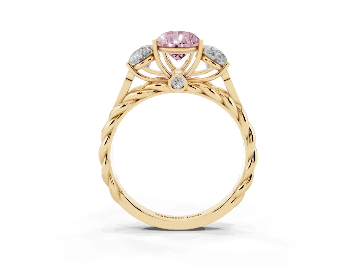 Fancy Pink Three-Stone Pear Cut Diamond Braided Band Ring with Four-Prong Setting Yellow gold