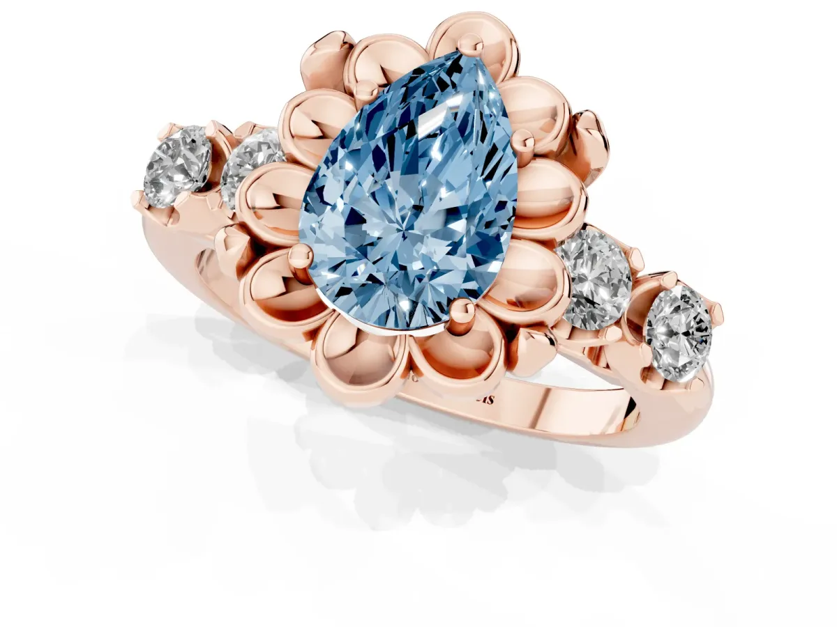 Fancy Blue Pear Cut Cut Diamond Floral Halo Engagement Ring with Shared Prong Setting Rose gold