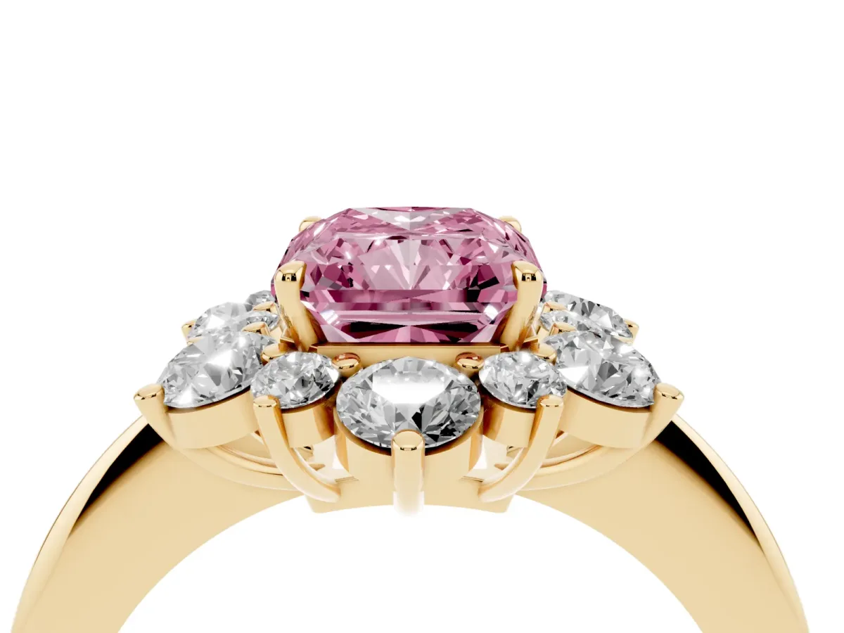 Fancy Pink Radiant Cut Diamond Cluster Halo Ring with Solitaire Band and Four-Prong Setting Yellow gold