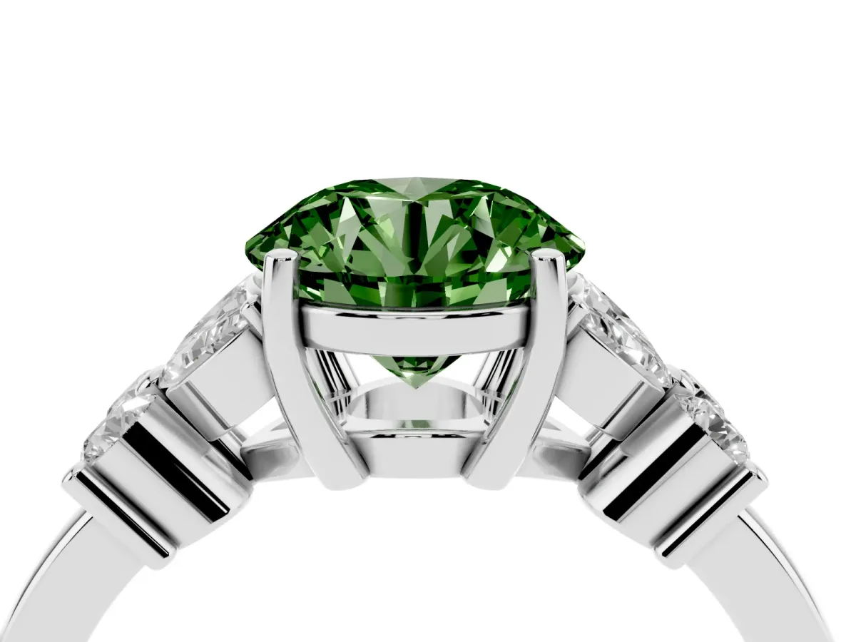 Fancy Green Round Cut Diamond Floral Cluster Ring with Solitaire Band and Prong Setting Silver