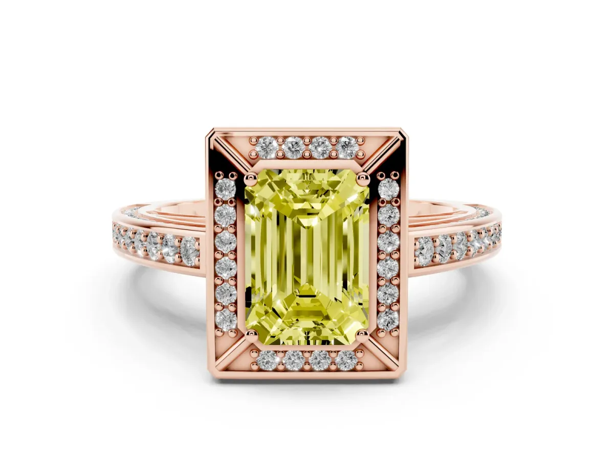 Fancy Yellow Emerald Cut Cut Halo Pave Split Shank Prong Setting Ring Rose gold