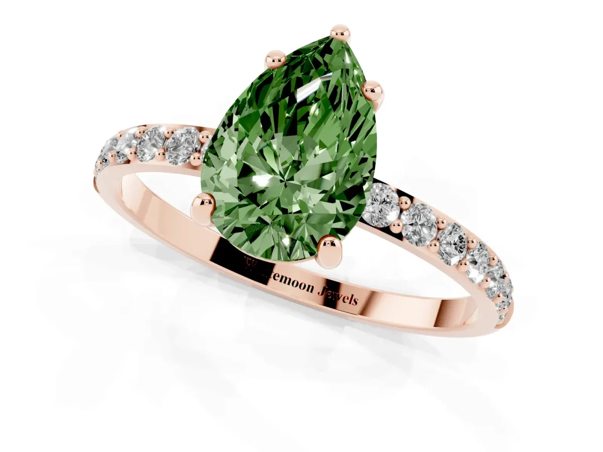 Fancy Green Pear Cut Diamond Solitaire Ring with Round Pavé Band and Prong Setting Rose gold