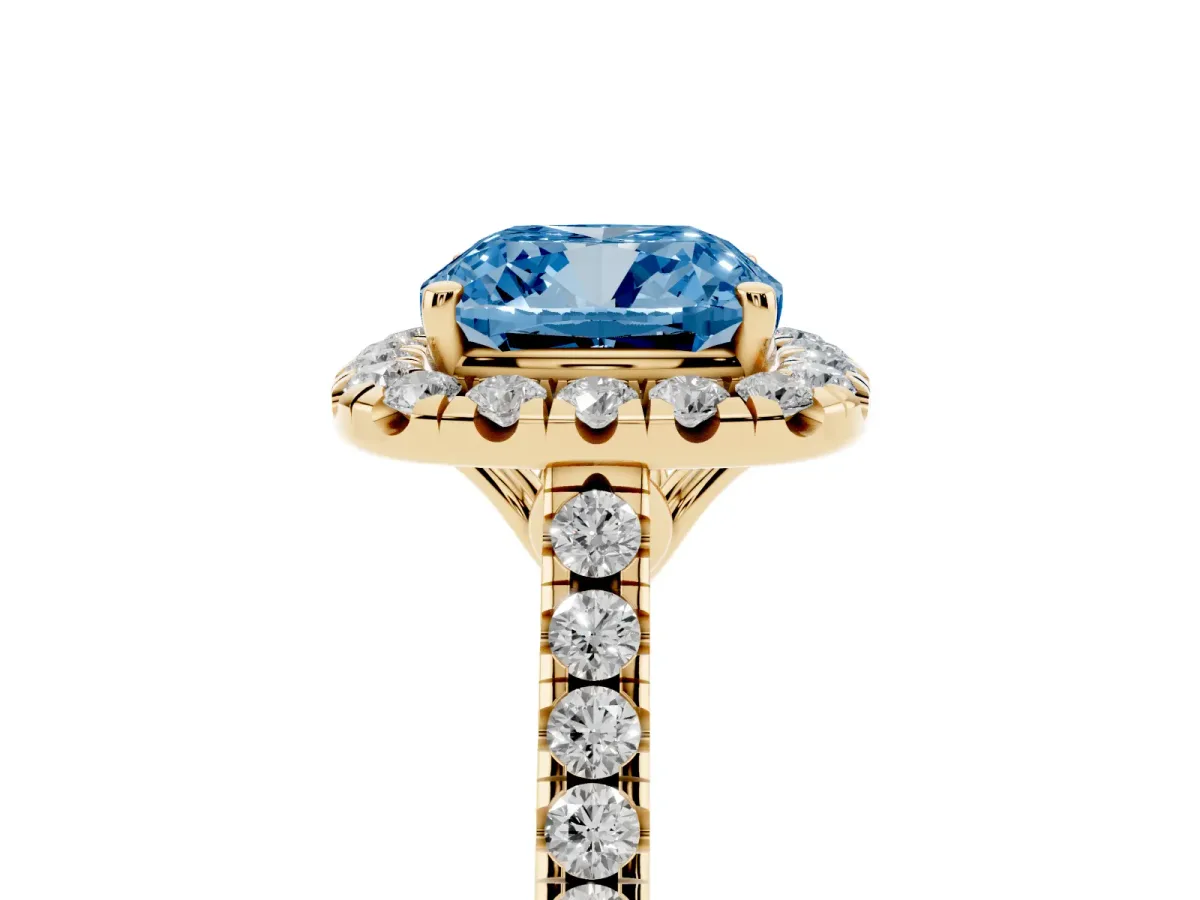 Fancy Blue Cushion Cut Halo Pavé Diamond Engagement Ring with Four-Prong Setting Yellow gold