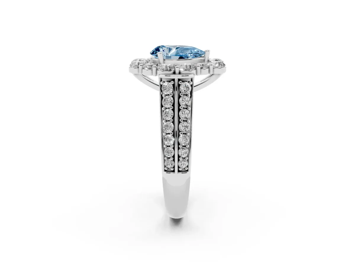 Fancy Blue Pear Cut Halo Diamond Engagement Ring with Split Shank and Prong Setting Silver