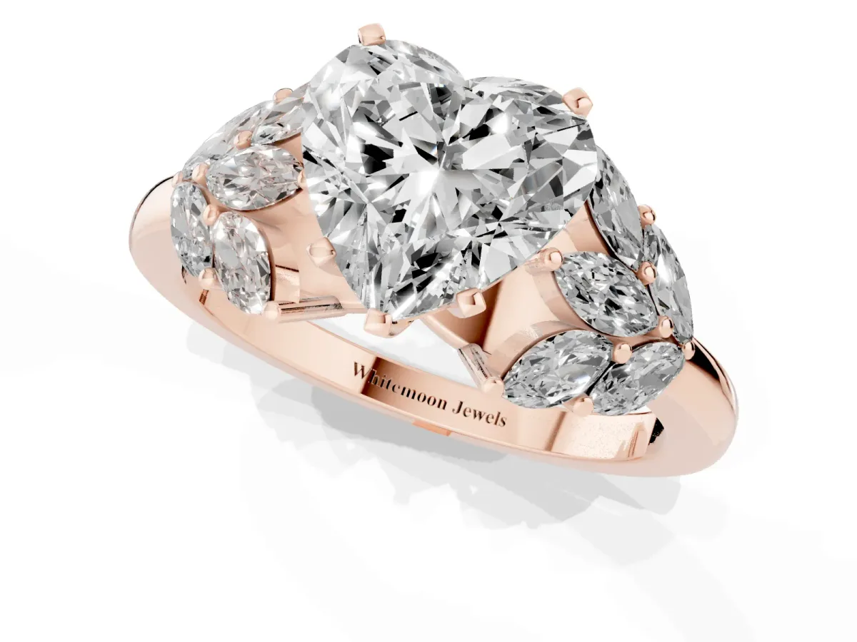 Heart Cut Diamond Cluster Leaf Design Ring with Prong Setting Rose gold