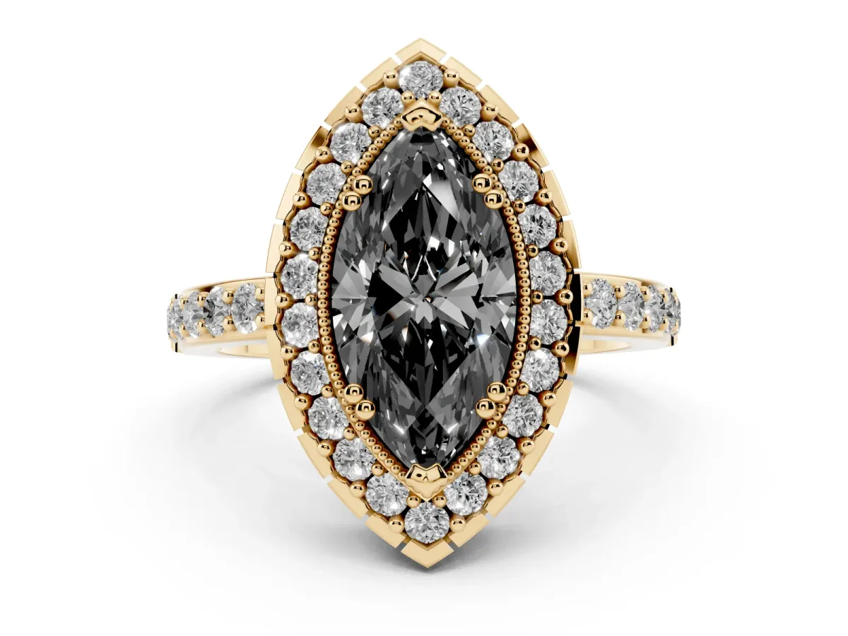 Fancy Black Marquise Cut Diamond Halo Ring with Pavé Band and Prong Setting Yellow gold