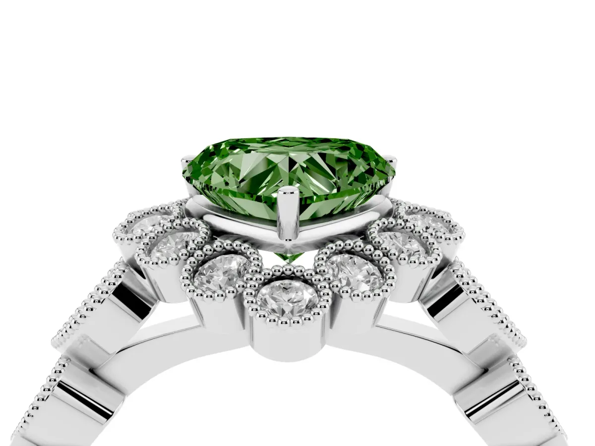 Fancy Green Heart Cut Brilliant Milgrain Pave Heart Band Solitaire Ring Platinum