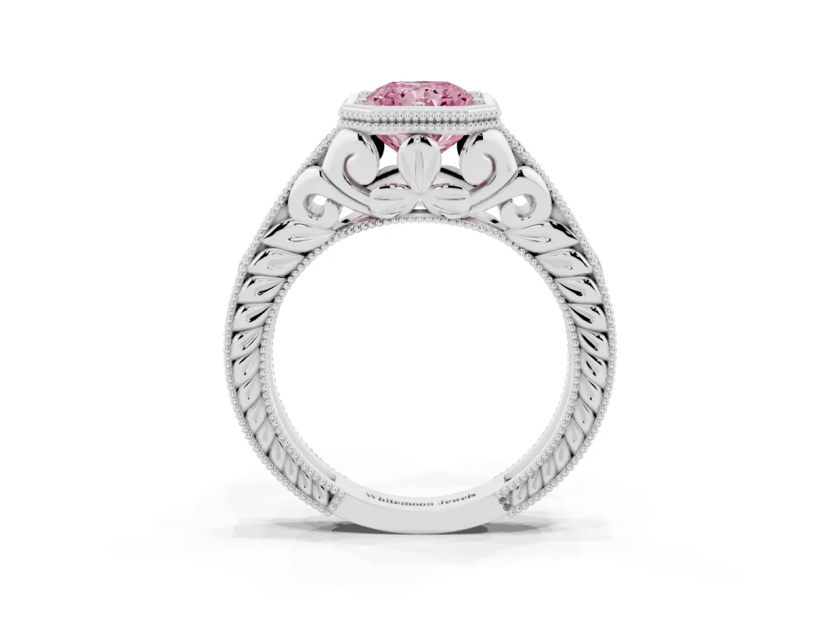 Fancy Pink Bezel Set Radiant Cut Diamond Milgrain Pave Engagement Ring Silver
