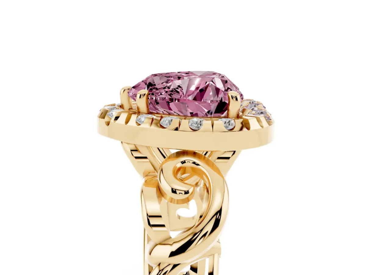 Fancy Pink Heart Cut Cut Halo Diamond Ring with Scrollwork Band and Four-Prong Setting Yellow gold