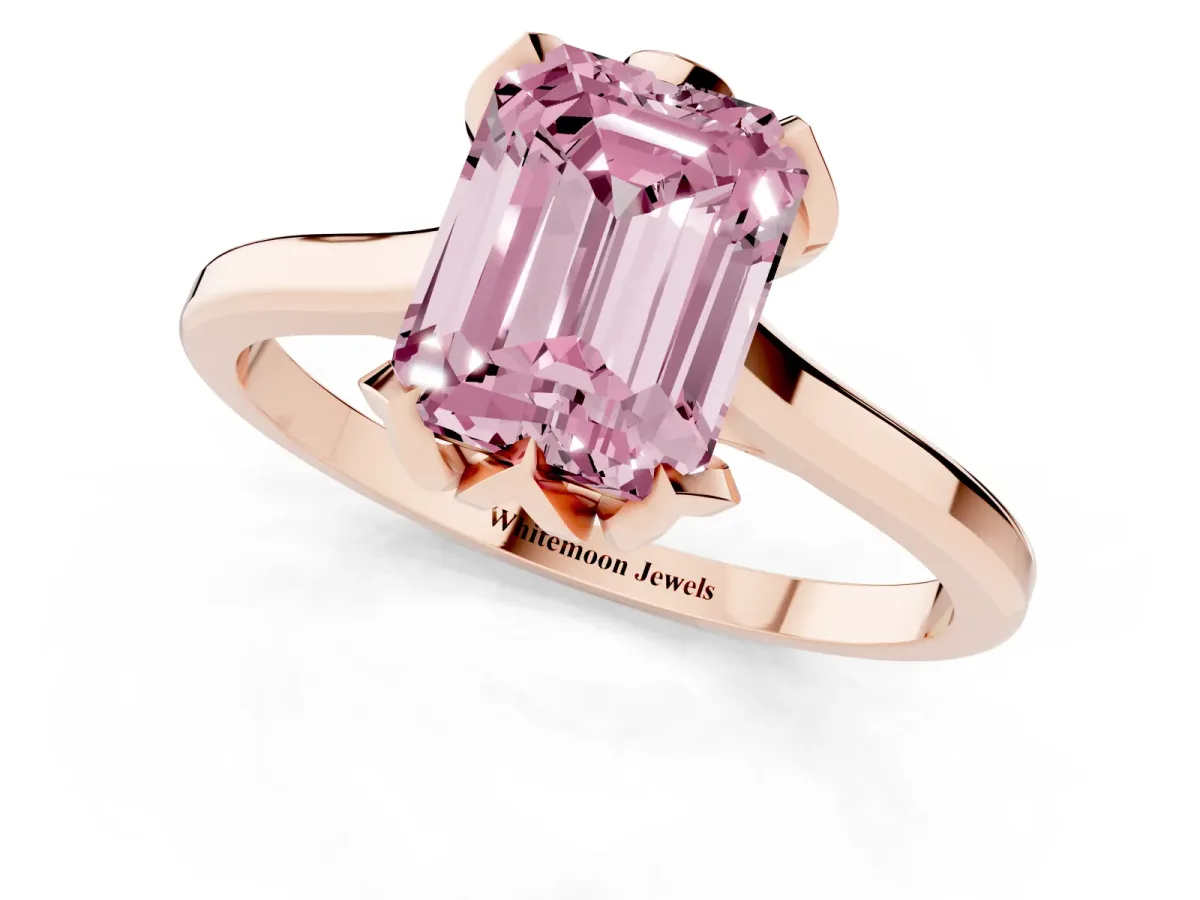 Fancy Pink Emerald Cut Diamond Solitaire Ring with Flower Prong Setting and Classic Band Rose gold