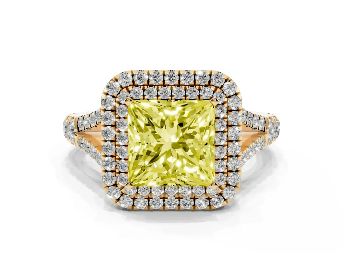 Fancy Yellow Princess Cut Diamond Double Halo Ring with Split Shank and Prong Setting Yellow gold