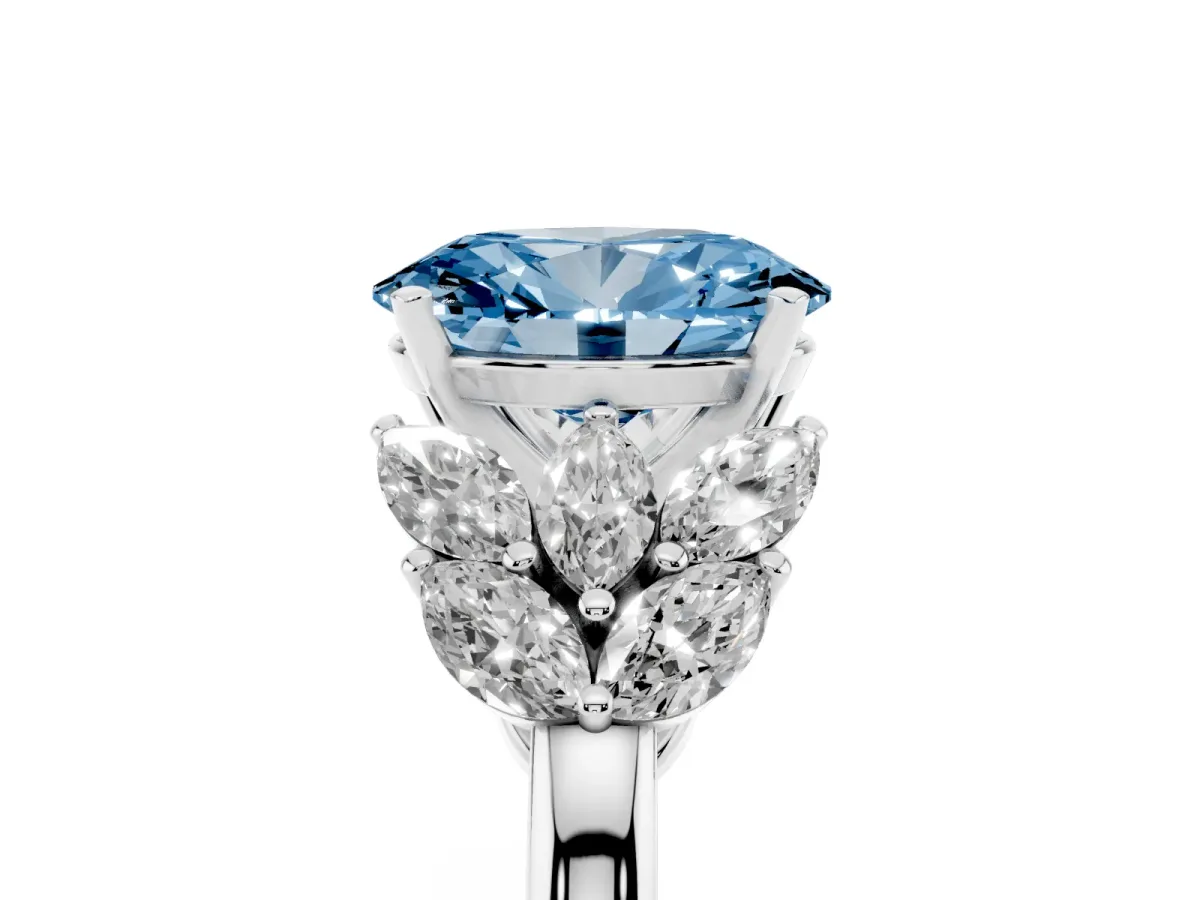 Fancy Blue Oval Cut Diamond Cluster Leaf Design Ring with Prong Setting Silver