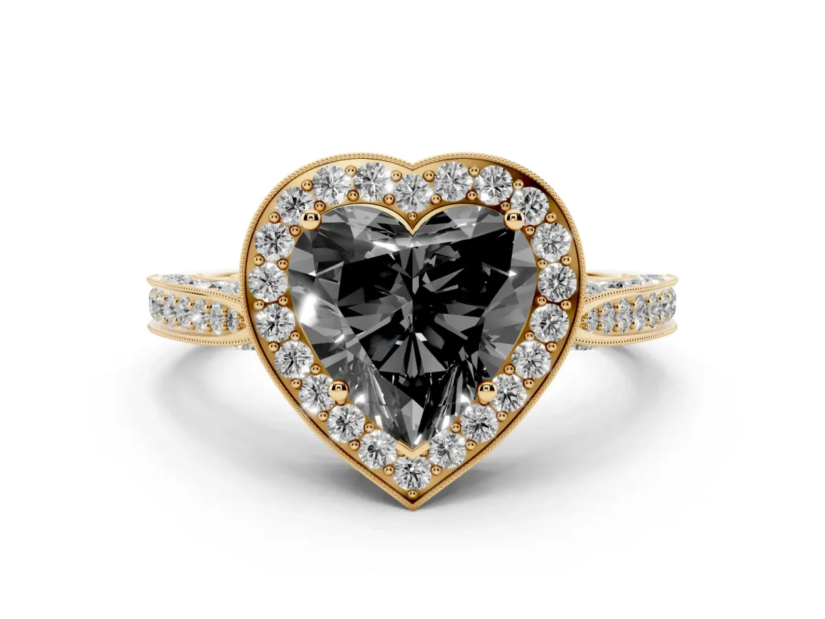 Fancy Black Heart Cut Halo Diamond Engagement Ring with Split Shank Band and Four-Prong Setting Yellow gold