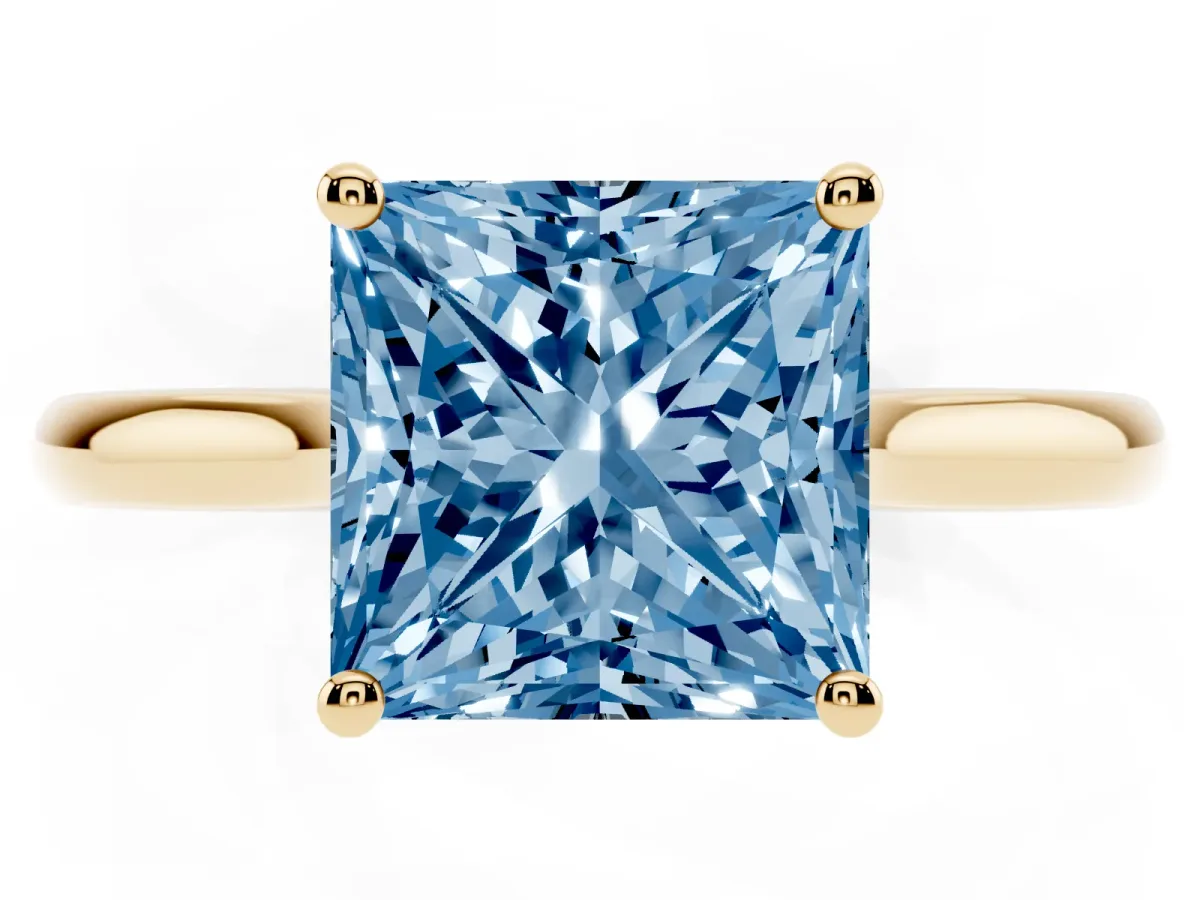 Fancy Blue Princess Cut Cut Solitaire Ring with Cathedral Band and Four-Prong Setting Yellow gold