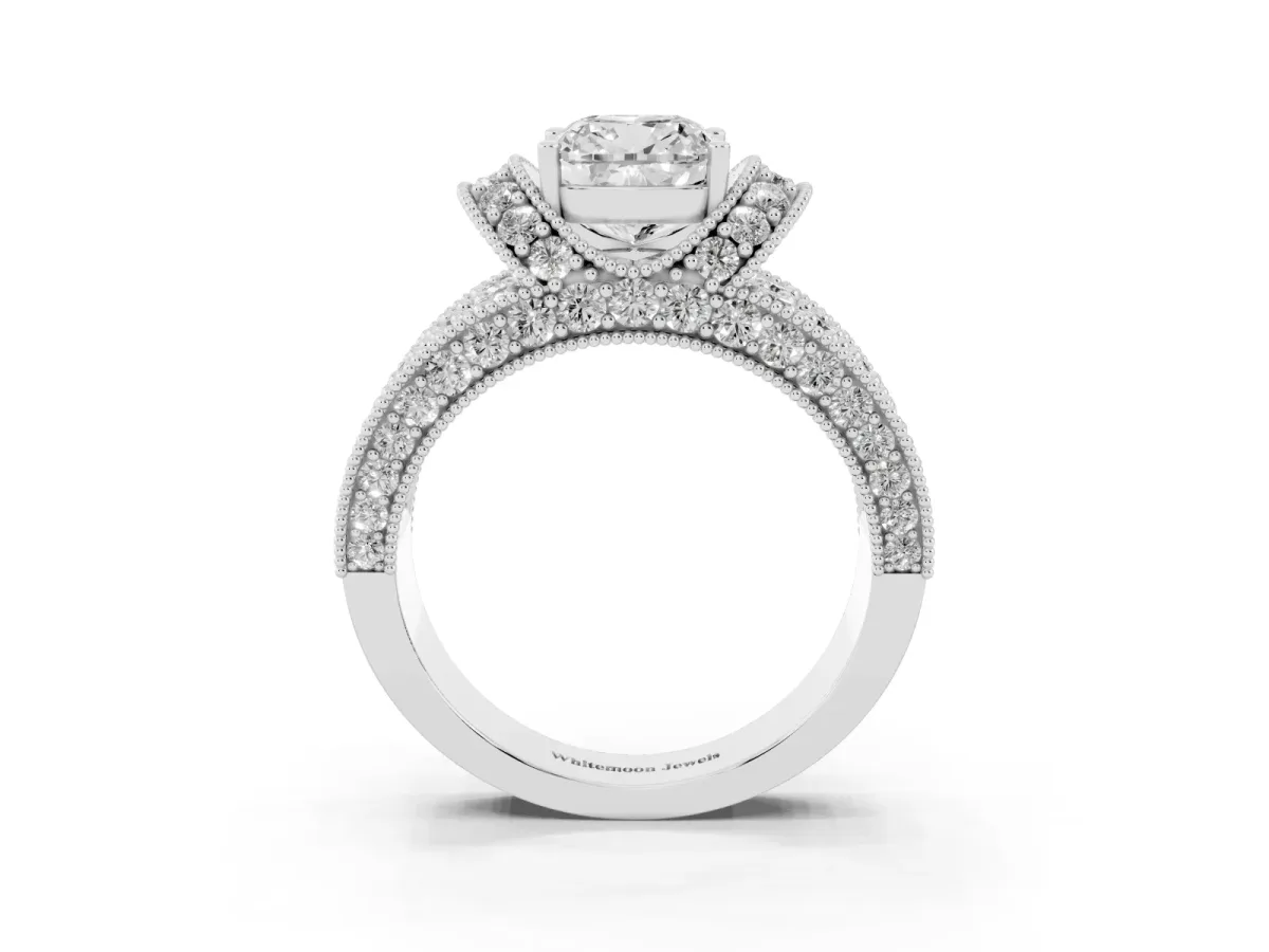 Cushion Cut Halo Pave Diamond Engagement Ring with Milgrain Detailing Silver