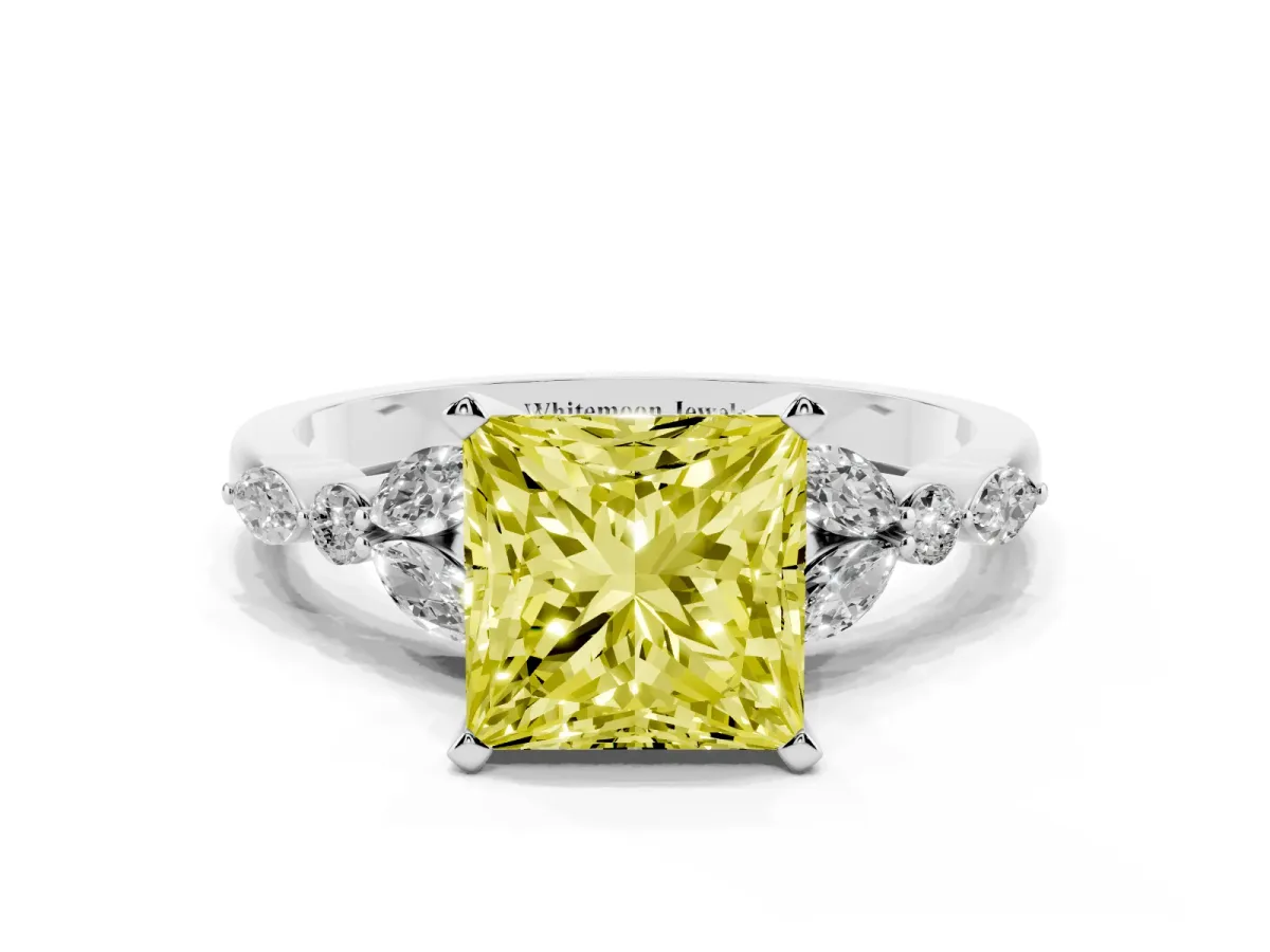 Fancy Yellow Princess Cut Diamond Solitaire Ring with Side Stones and Four-Prong Setting Silver