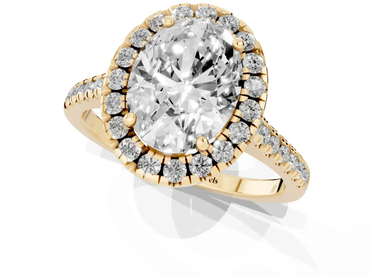 Oval Cut Diamond Cushion Halo Ring with Pavé Band Yellow gold