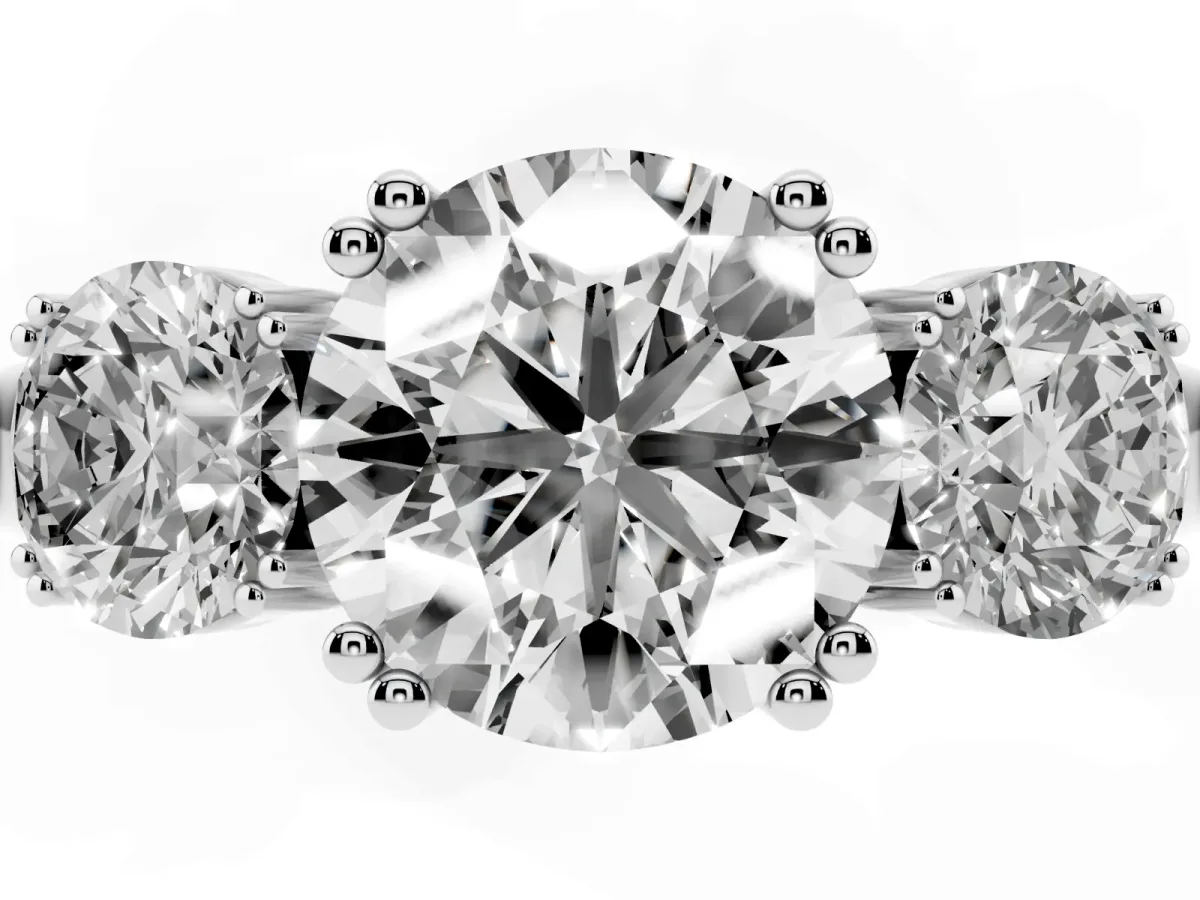 Three-Stone Round Cut Cut Diamond Ring with Channel Set Band and Four-Prong Setting Silver