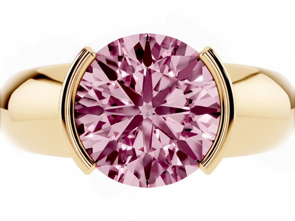 Fancy Pink Round Cut Solitaire Tension Set Diamond Ring with Wide Band Yellow gold