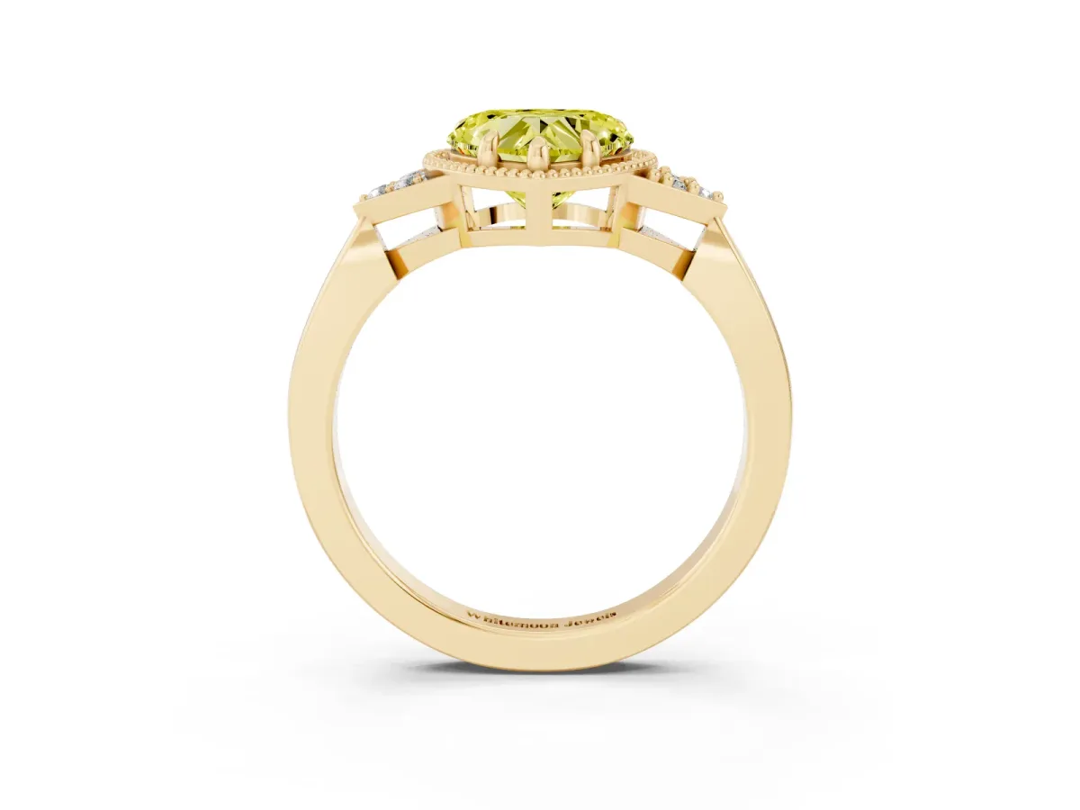 Fancy Yellow Heart Cut Diamond Halo Ring with Tapered Band and Four-Prong Setting Yellow gold