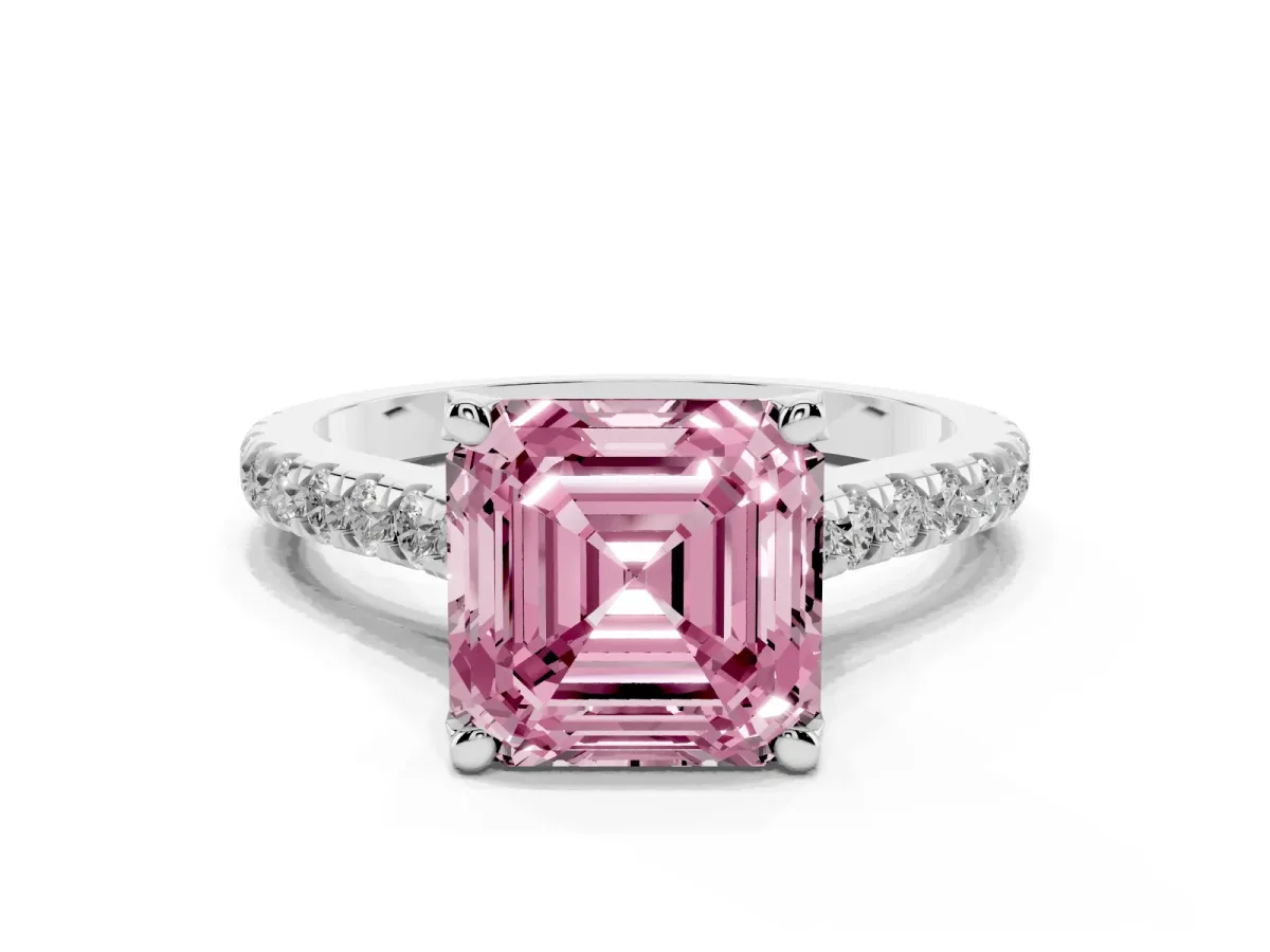Fancy Pink Asscher Cut Brilliant Diamond Solitaire with Pavé Band and Four-Prong Setting Silver