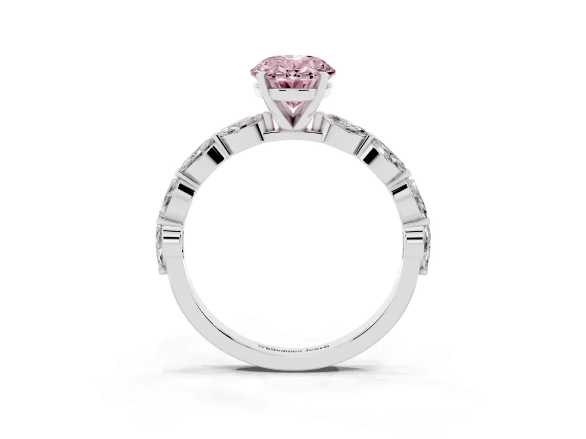 Fancy Pink Oval Cut Diamond Ring with Marquise Side Stones and Prong Setting White gold