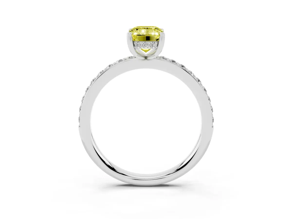 Fancy Yellow Emerald Cut Cut Diamond Pavé Band Ring with Four-Prong Setting Silver