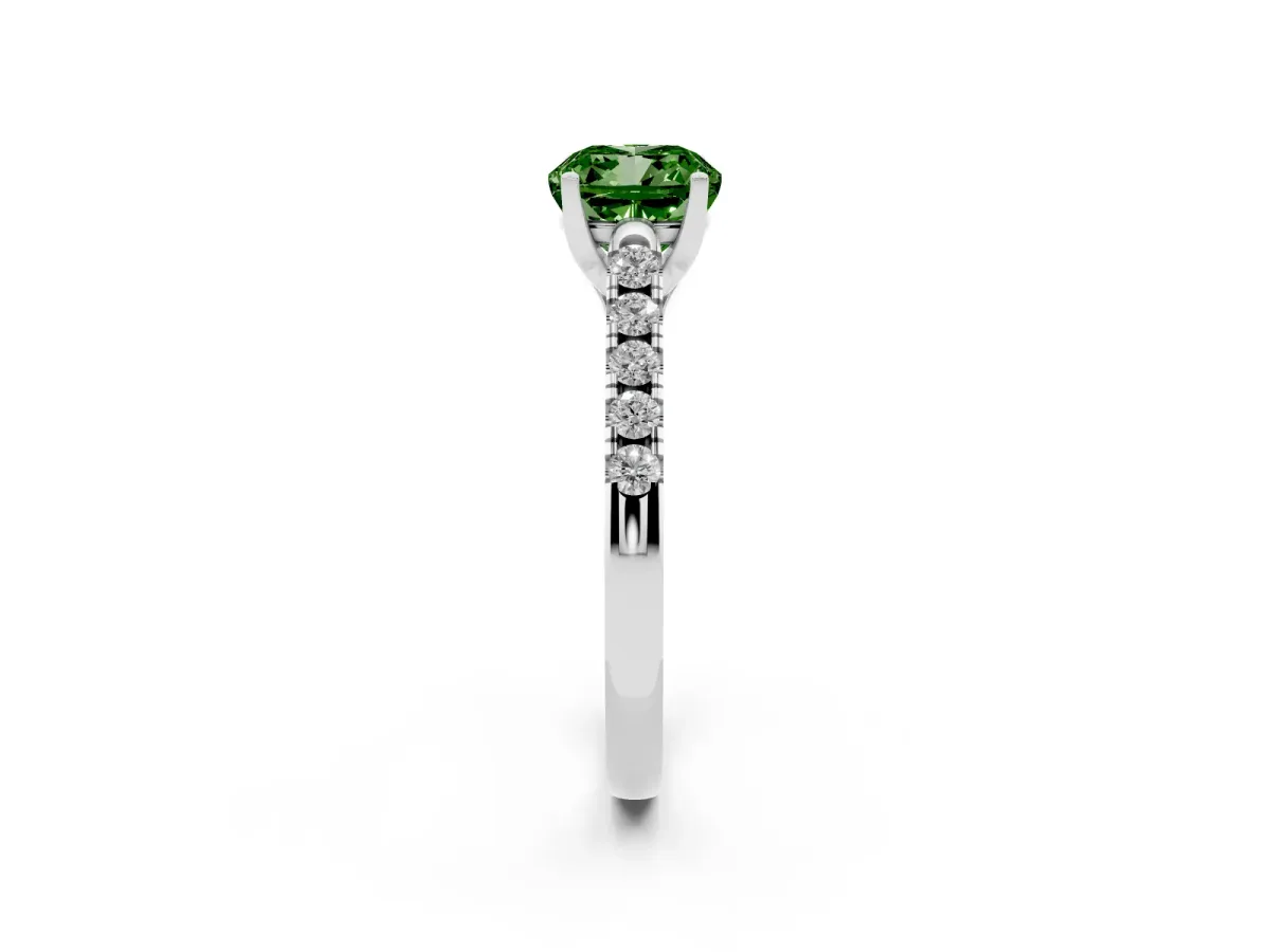 Fancy Green Cushion Cut Diamond Pavé Band Solitaire Ring with Prong Setting Silver