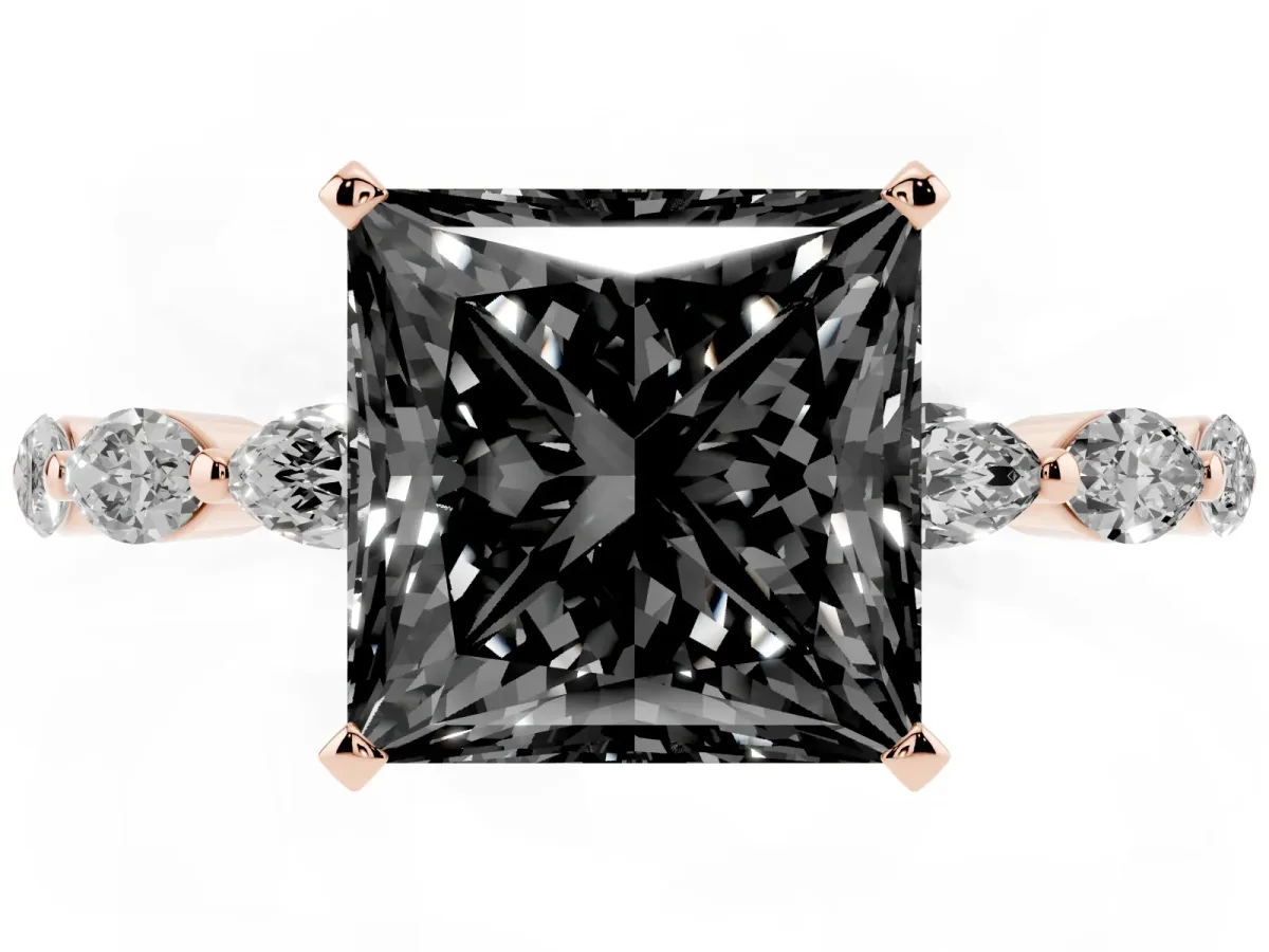 Fancy Black Princess Cut Diamond Ring with Marquise Side Stones and Prong Setting Rose gold