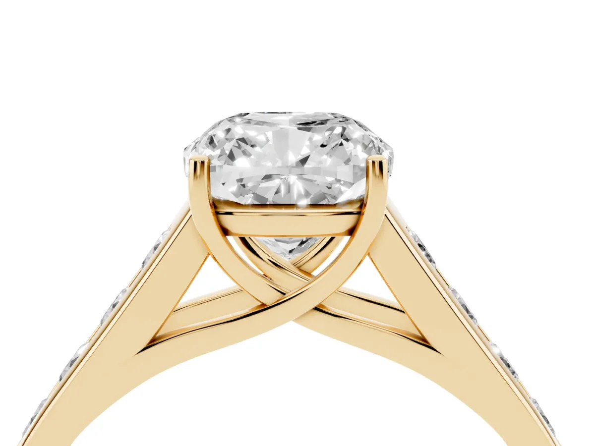 Cushion Cut Brilliant Channel-Set Solitaire Ring with Four-Prong Setting Yellow gold