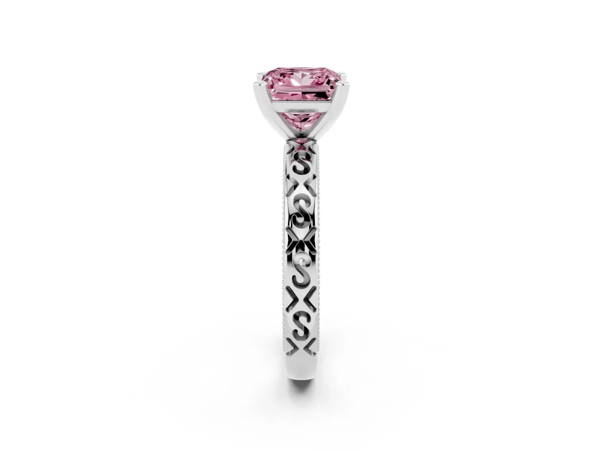 Fancy Pink Princess Cut Solitaire Engagement Ring with Scrollwork Band and Four-Prong Setting Silver
