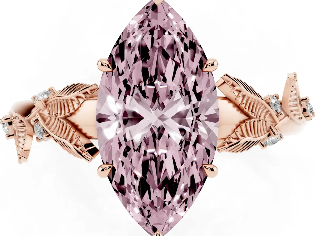 Fancy Pink Marquise Cut Diamond Solitaire Ring with Leaf Motif Band and Four-Prong Setting Rose gold