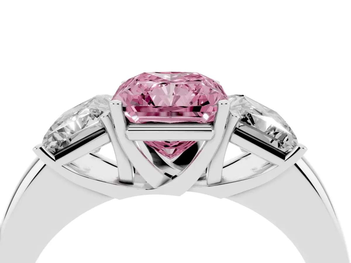 Fancy Pink Radiant Cut Diamond Three-Stone Ring with Four-Prong Setting and Classic Band Silver